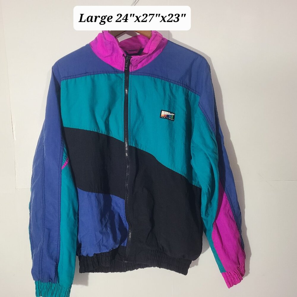 Vtg 80s Voit Equipment Large Black/Blue/Green Colorblock Full Zip Windbreaker